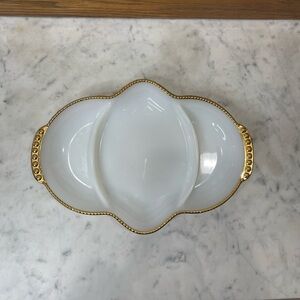 Vintage Fire-King milk glass divided relish dish with gold trim